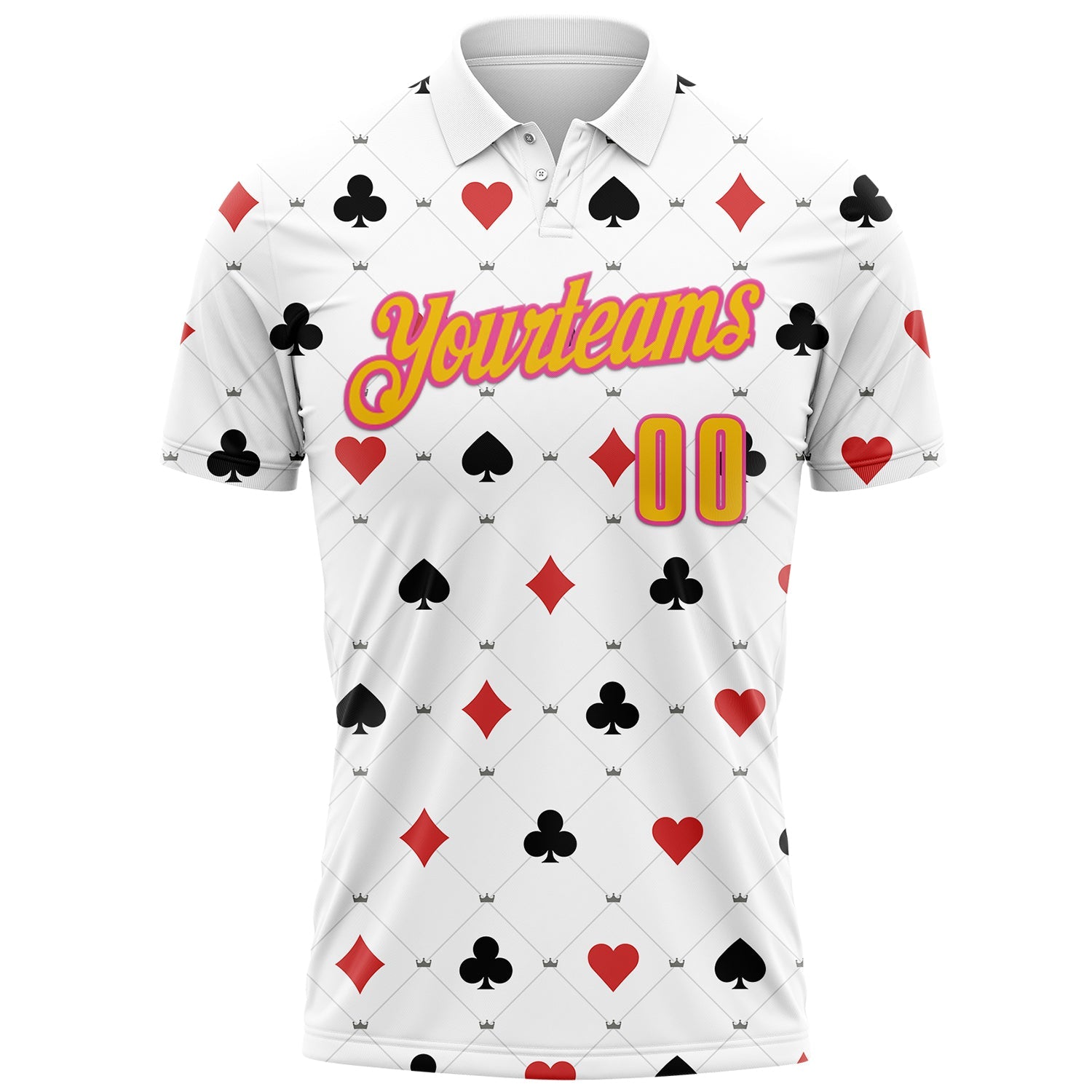Custom White Yellow-Pink 3D Poker Performance Polo Shirt view 2