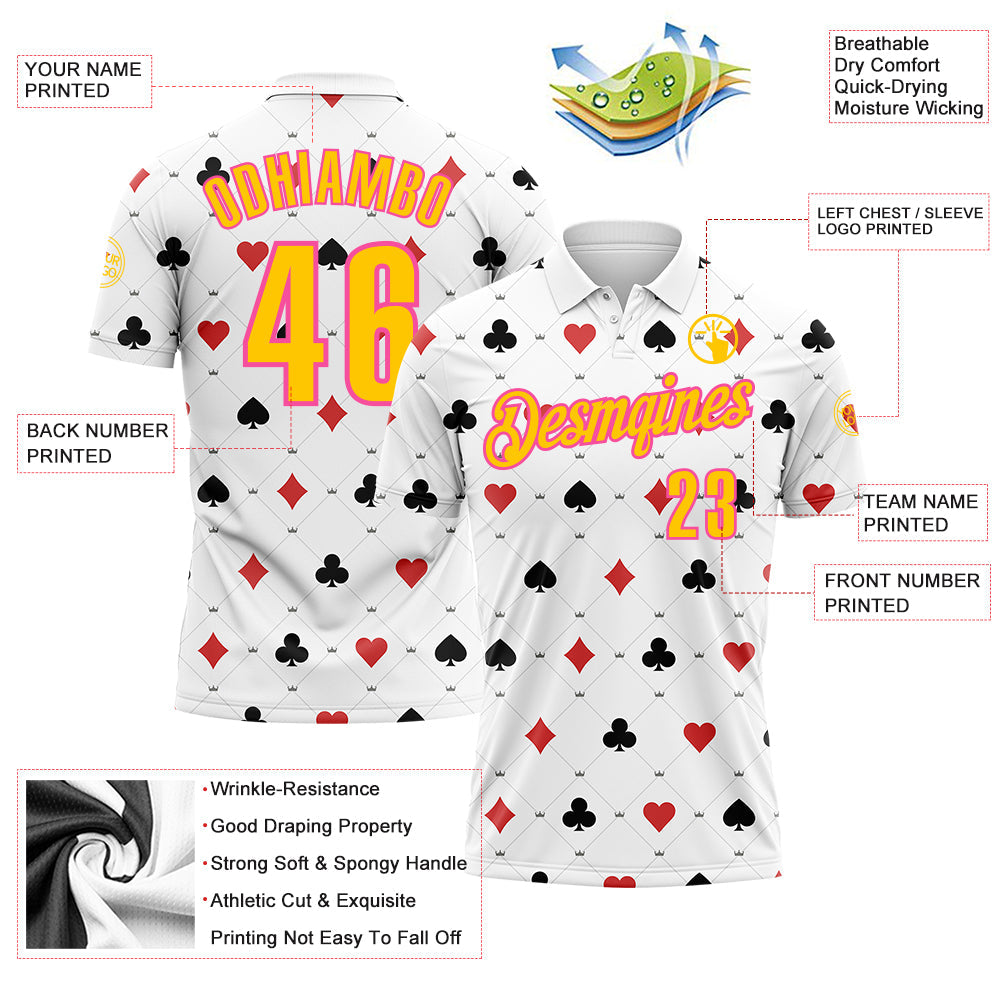 Custom White Yellow-Pink 3D Poker Performance Polo Shirt view 3
