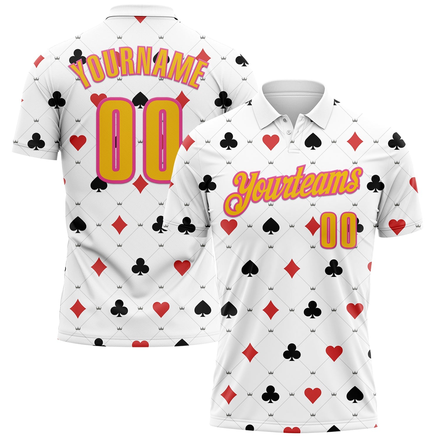 Custom White Yellow-Pink 3D Poker Performance Polo Shirt - Main View