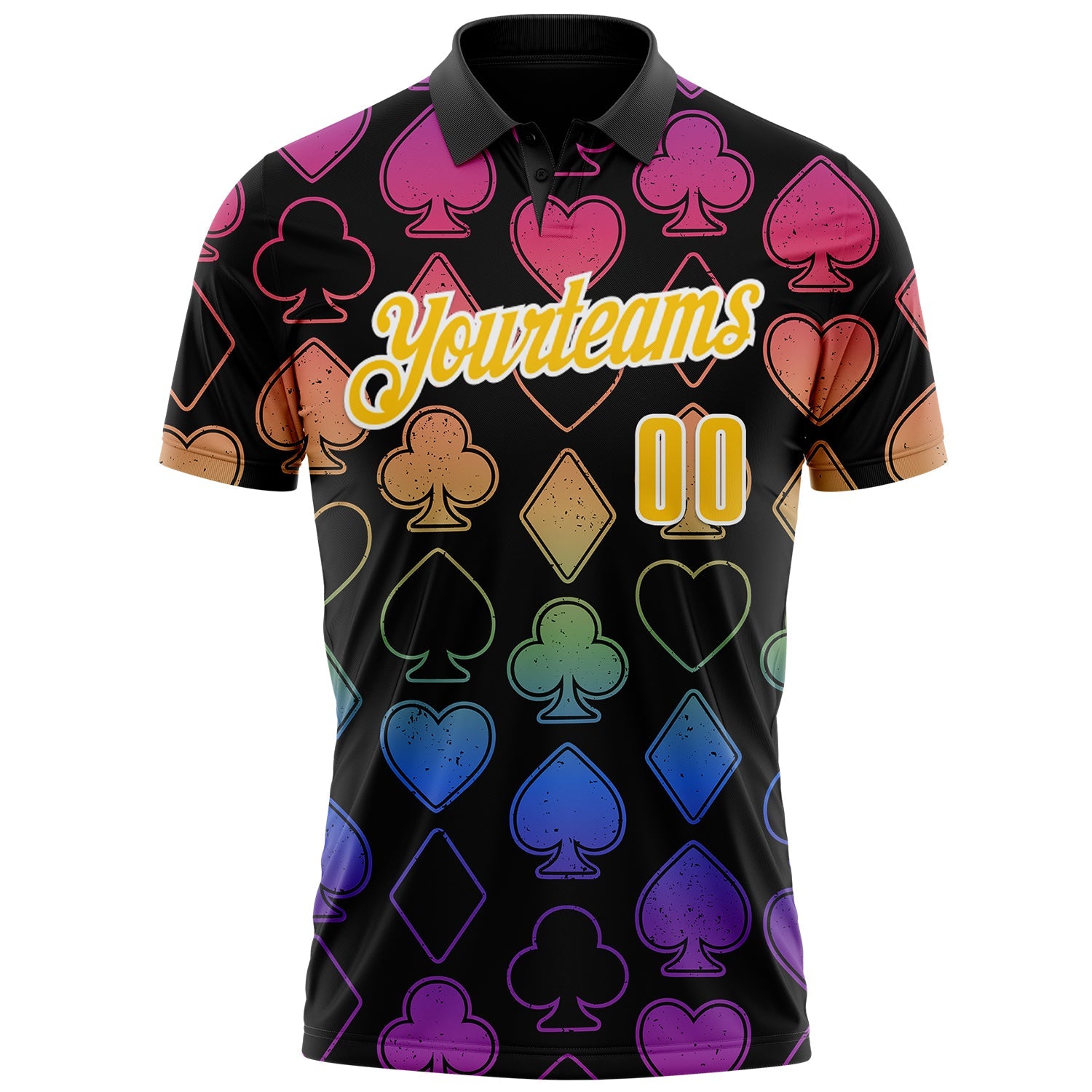 Custom Black Yellow-White 3D Poker Performance Polo Shirt view 2