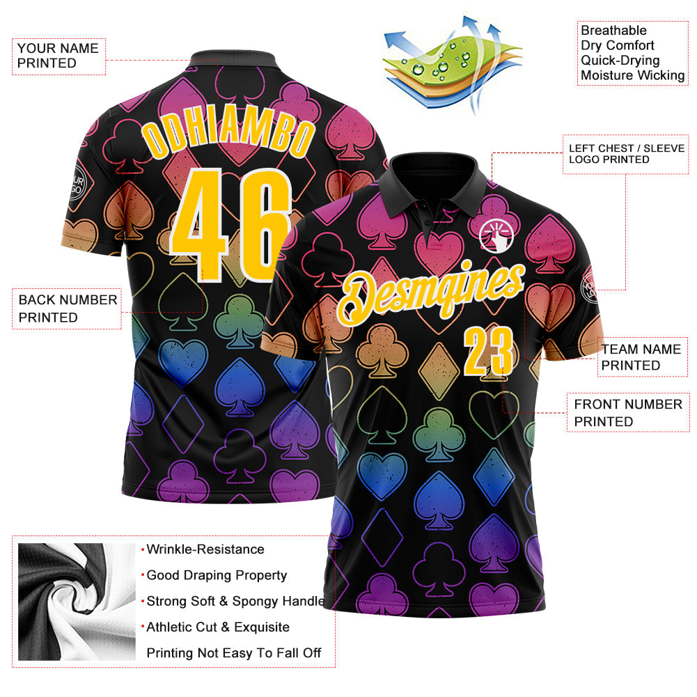 Custom Black Yellow-White 3D Poker Performance Polo Shirt view 3