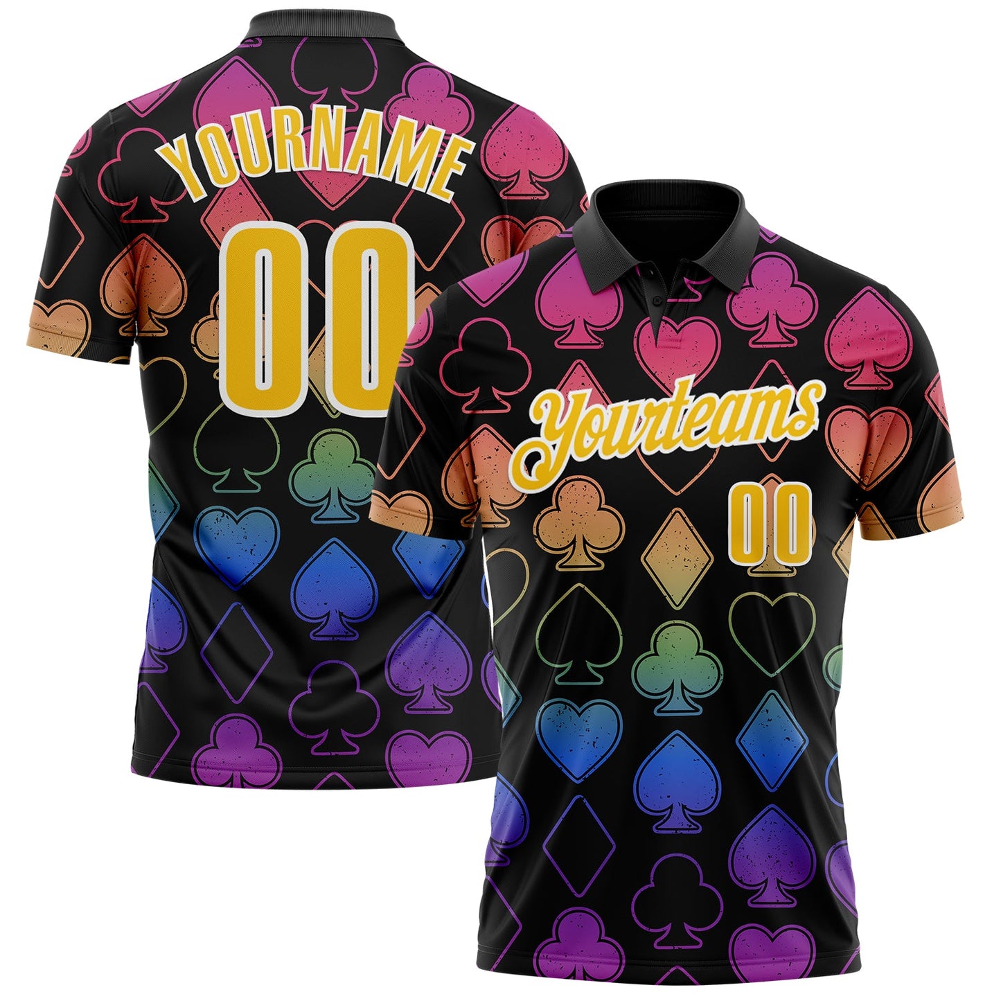 Custom Black Yellow-White 3D Poker Performance Polo Shirt - Main View