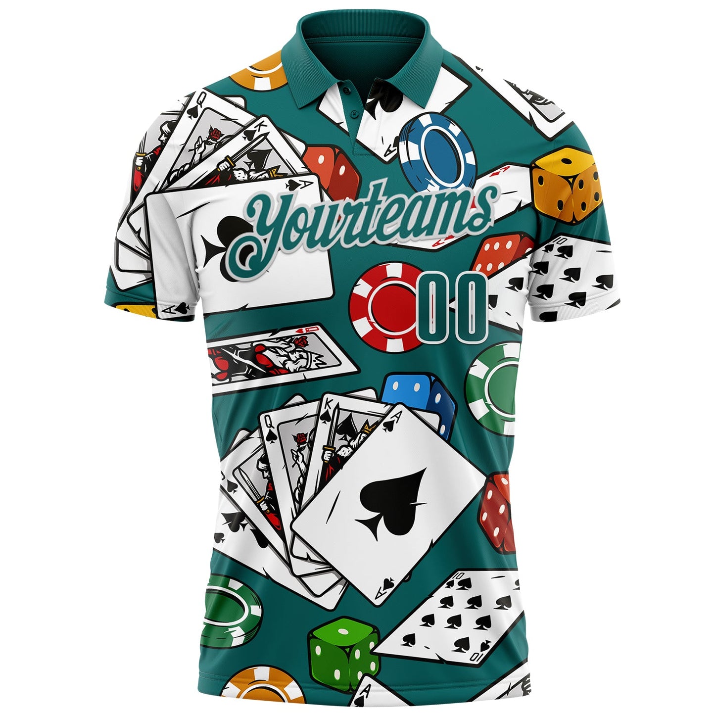 Custom Teal White 3D Poker Performance Polo Shirt view 2