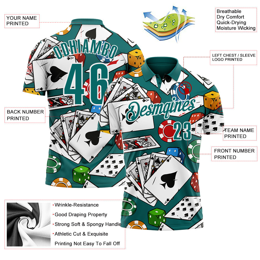 Custom Teal White 3D Poker Performance Polo Shirt view 3
