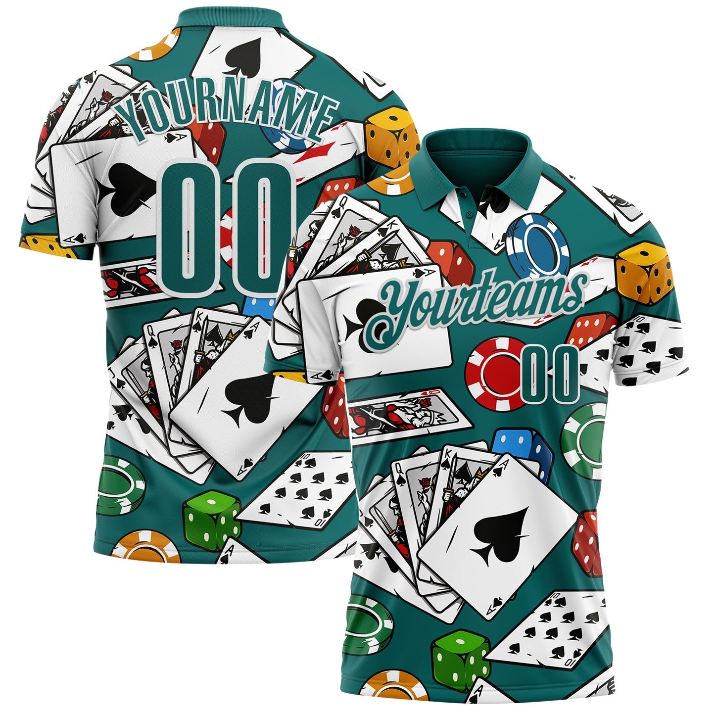 Custom Teal White 3D Poker Performance Polo Shirt - Main View