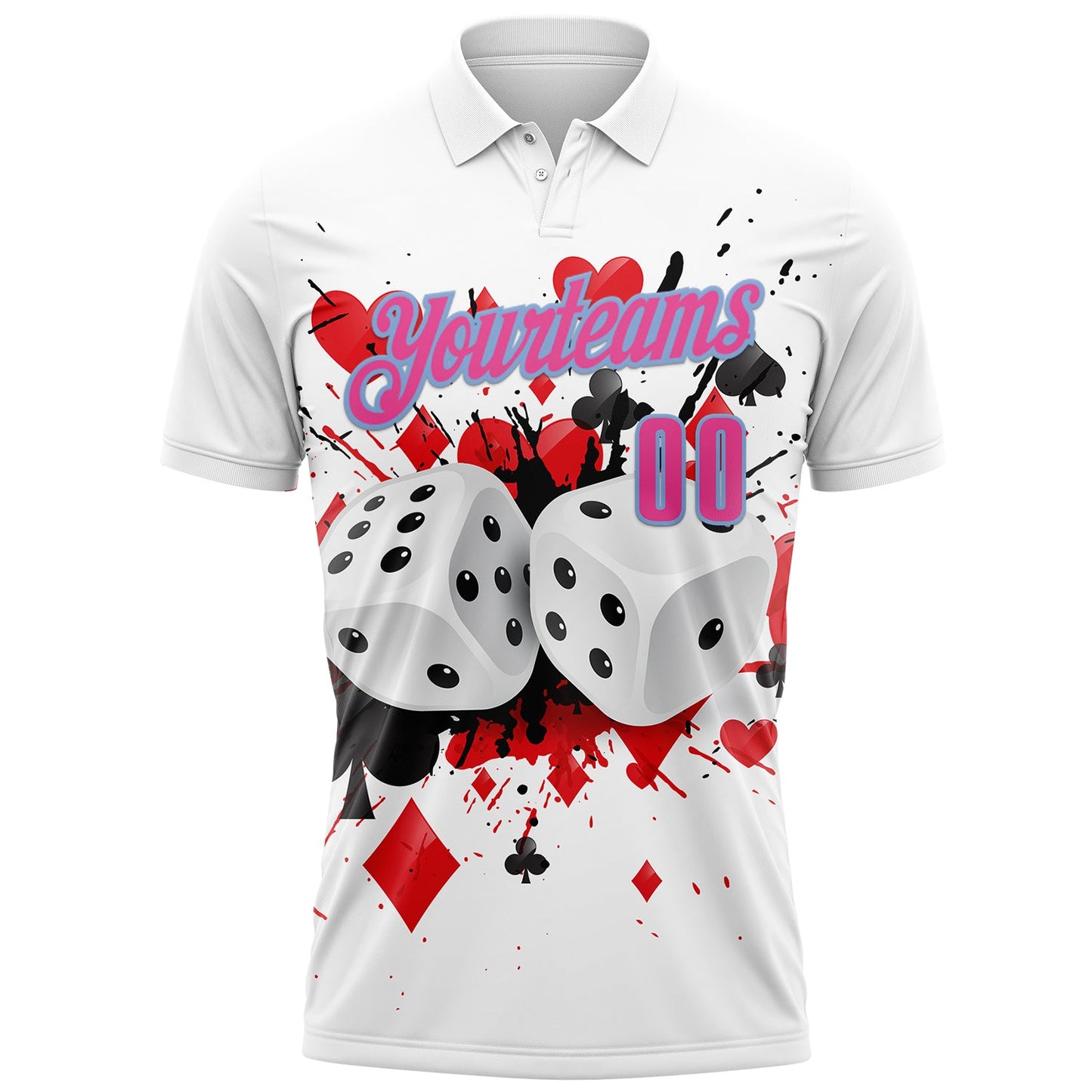 Custom White Pink-Light Blue 3D Poker And Dice Performance Polo Shirt view 2