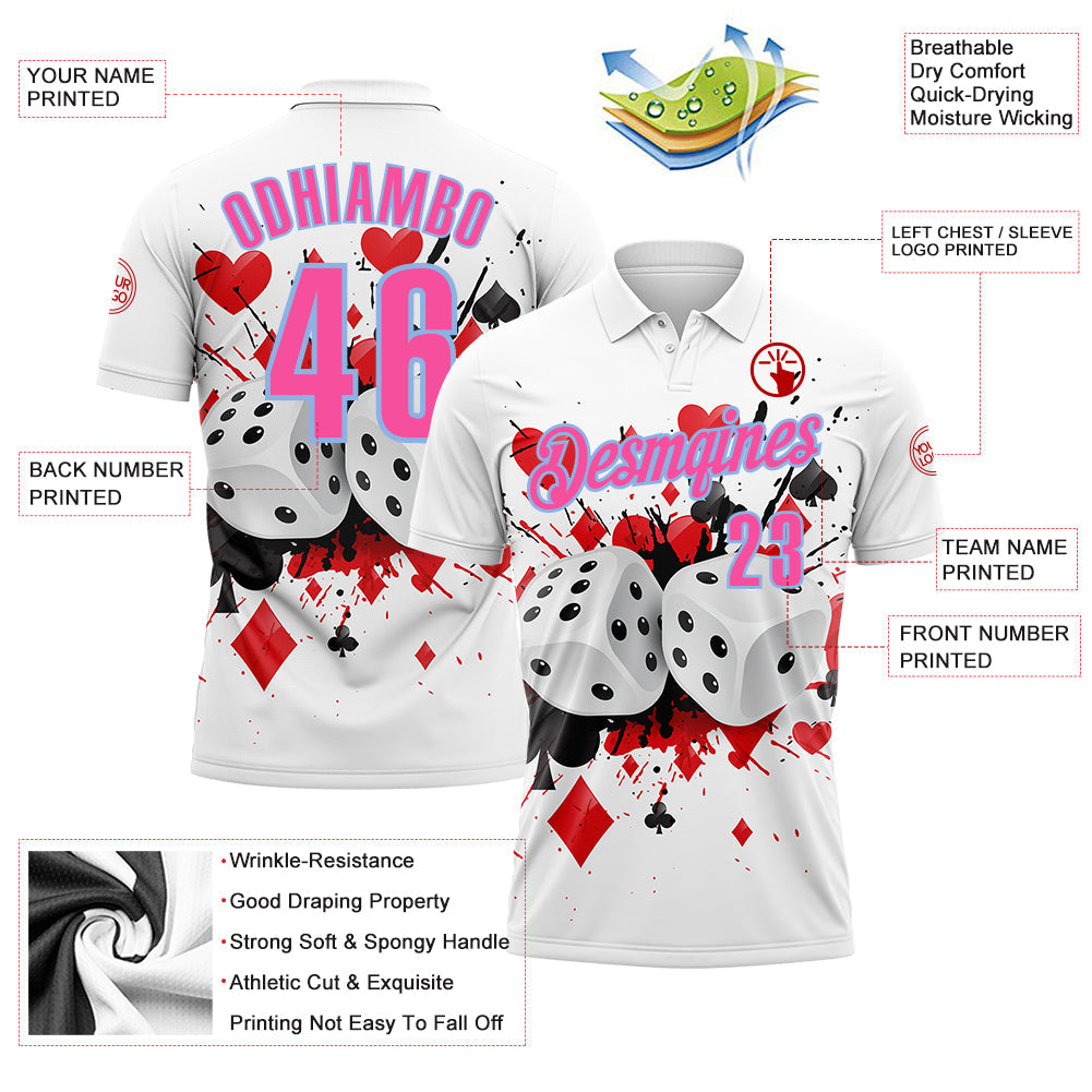 Custom White Pink-Light Blue 3D Poker And Dice Performance Polo Shirt view 3