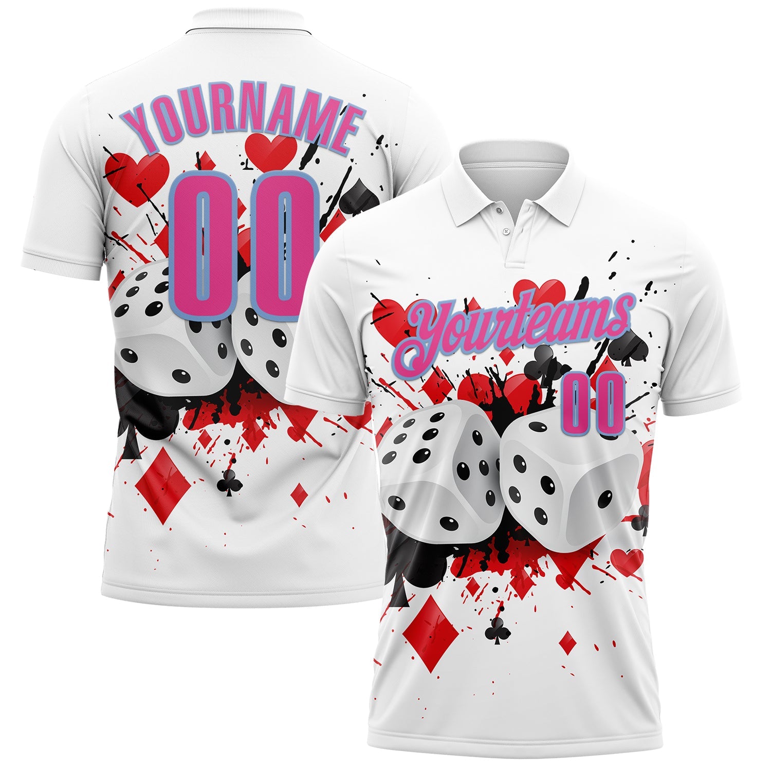 Custom White Pink-Light Blue 3D Poker And Dice Performance Polo Shirt - Main View