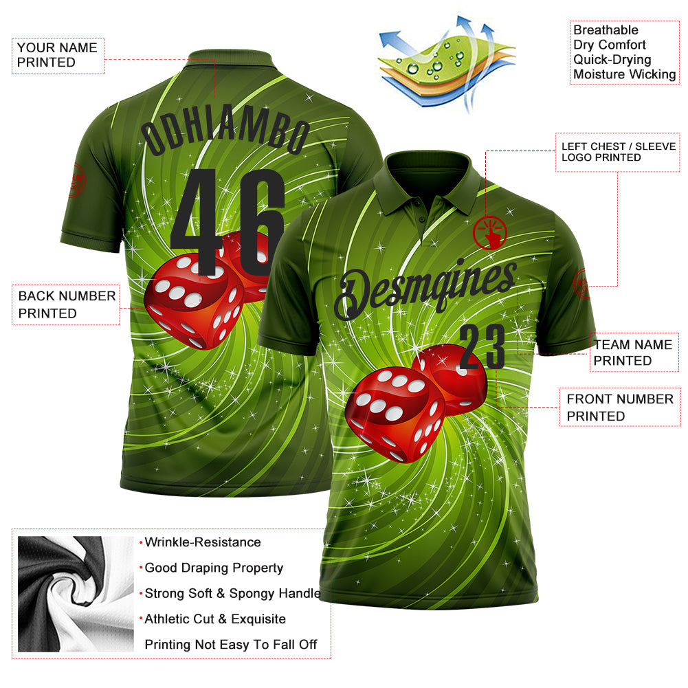 Custom Green Black 3D Dice Performance Polo Shirt view 3