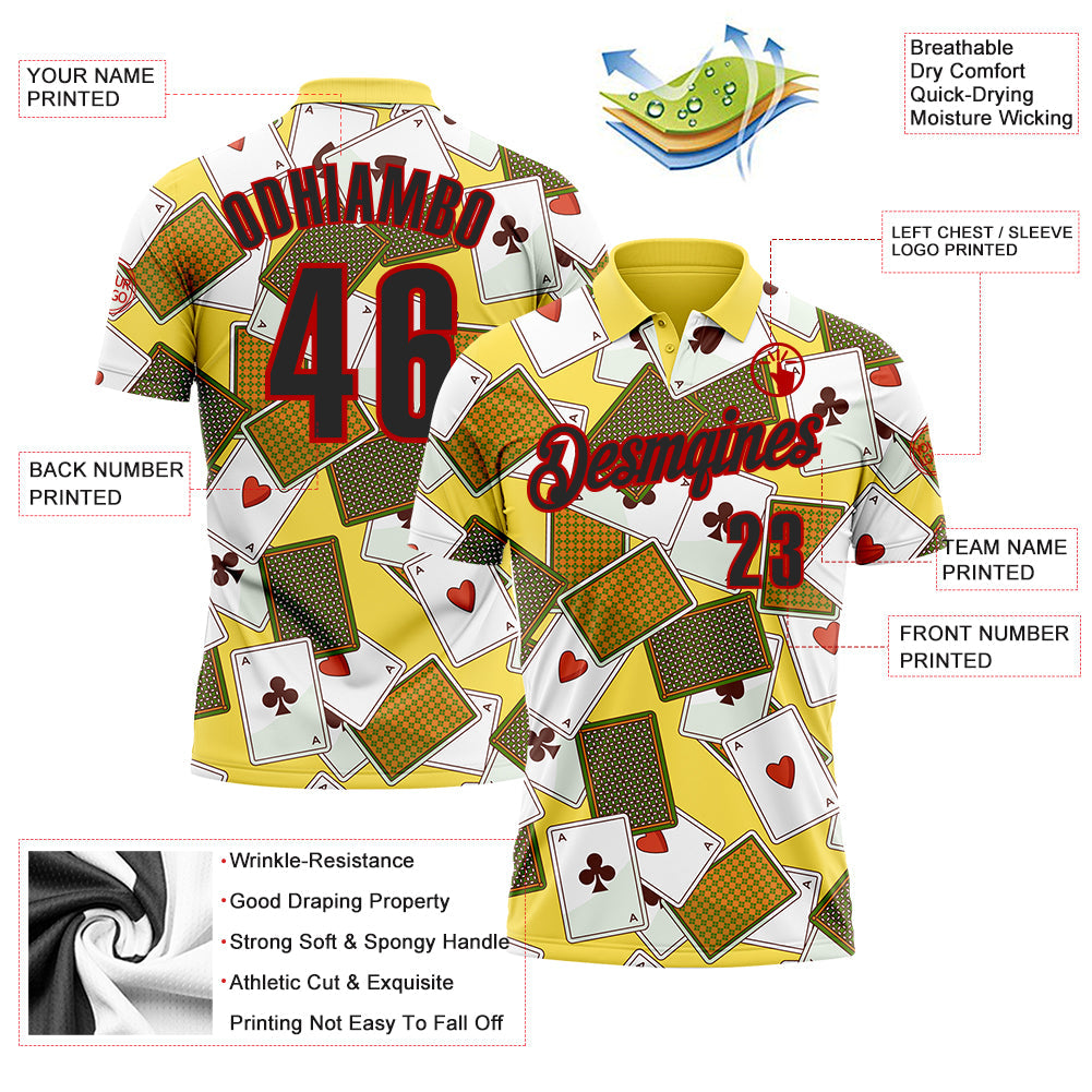 Custom Yellow Black-Red 3D Poker Performance Polo Shirt view 3