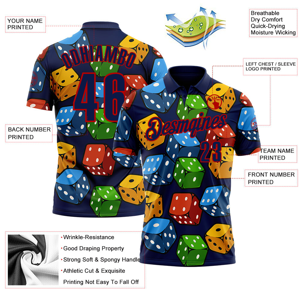Custom Navy Red 3D Dice Performance Polo Shirt view 3