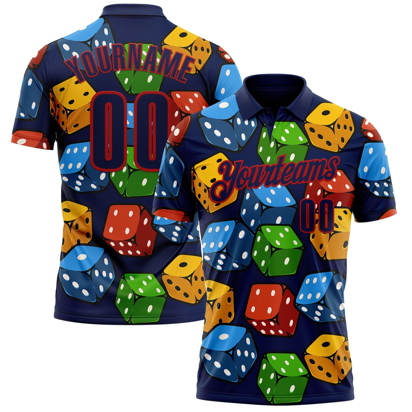 Custom Navy Red 3D Dice Performance Polo Shirt - Main View