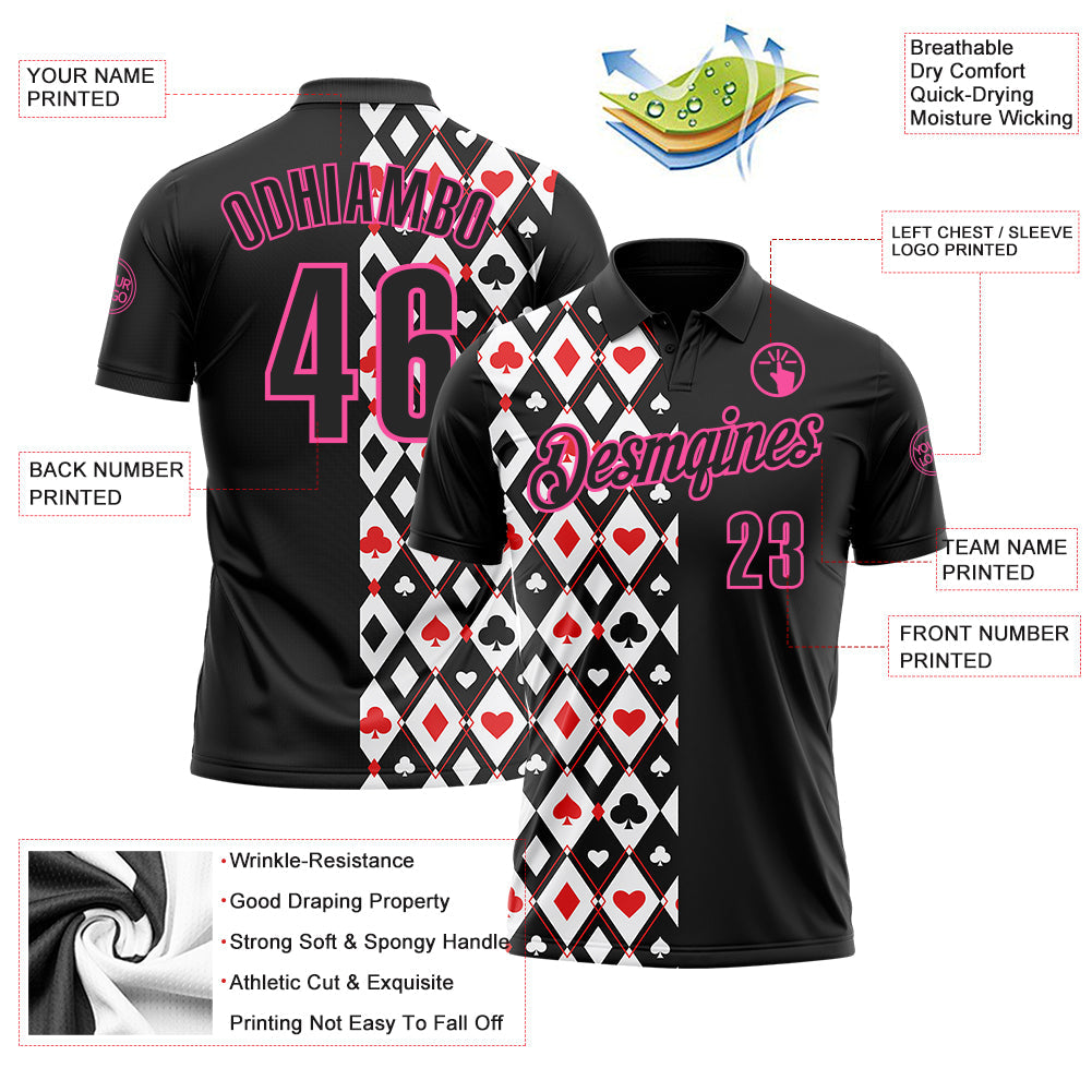 Custom Black Pink 3D Poker Performance Polo Shirt view 3