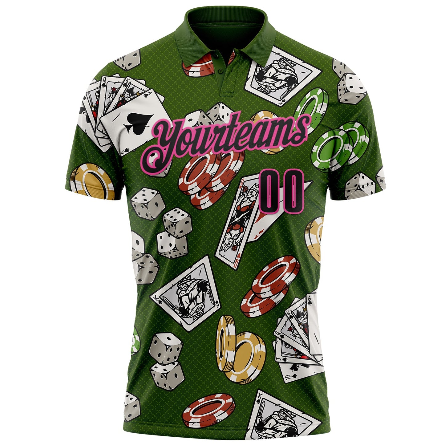 Custom Green Black-Pink 3D Poker And Dice Performance Polo Shirt view 2