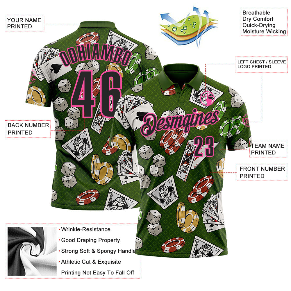 Custom Green Black-Pink 3D Poker And Dice Performance Polo Shirt view 3