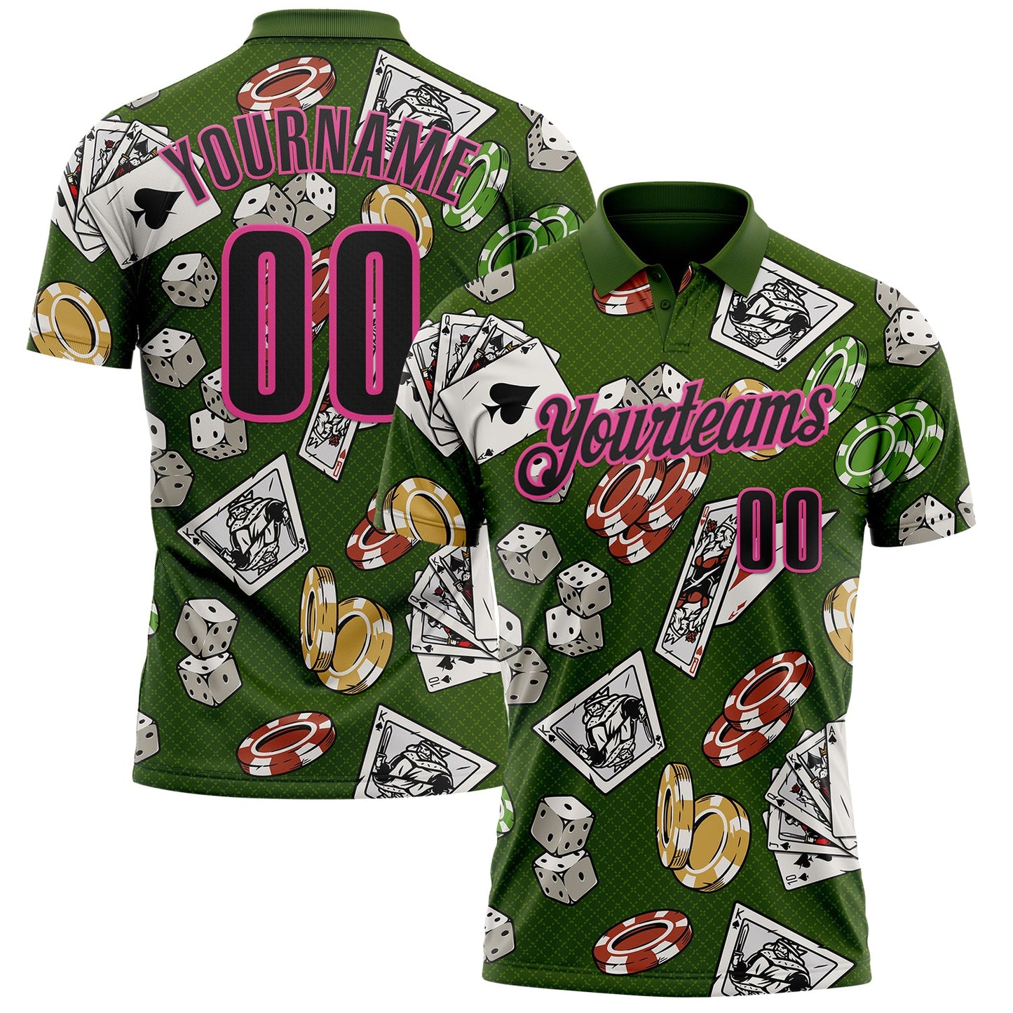 Custom Green Black-Pink 3D Poker And Dice Performance Polo Shirt - Main View