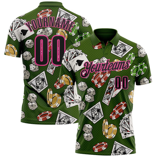 Custom Green Black-Pink 3D Poker And Dice Performance Polo Shirt - Main View