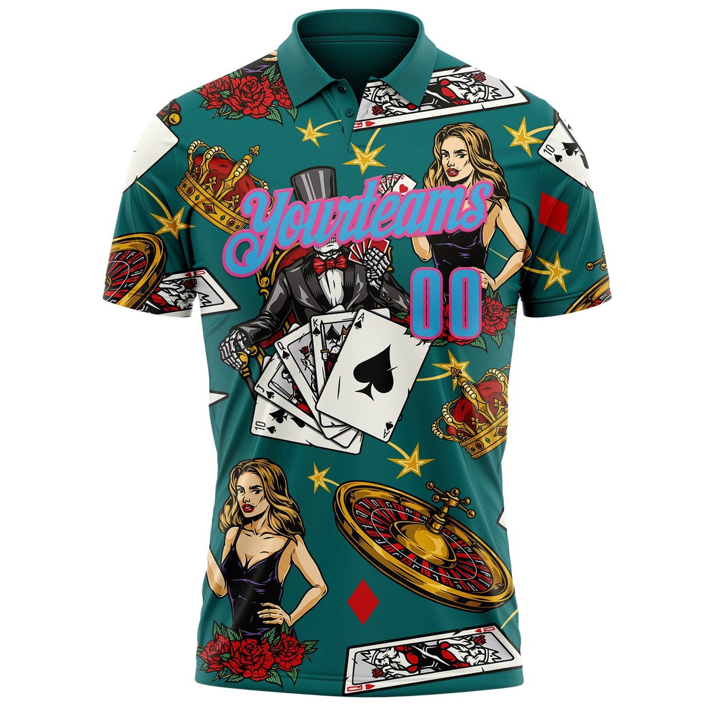 Custom Teal Sky Blue-Pink 3D Poker Performance Polo Shirt view 2