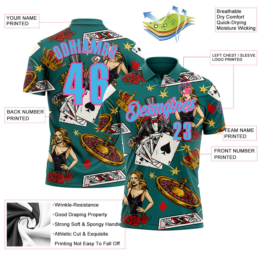 Custom Teal Sky Blue-Pink 3D Poker Performance Polo Shirt view 3