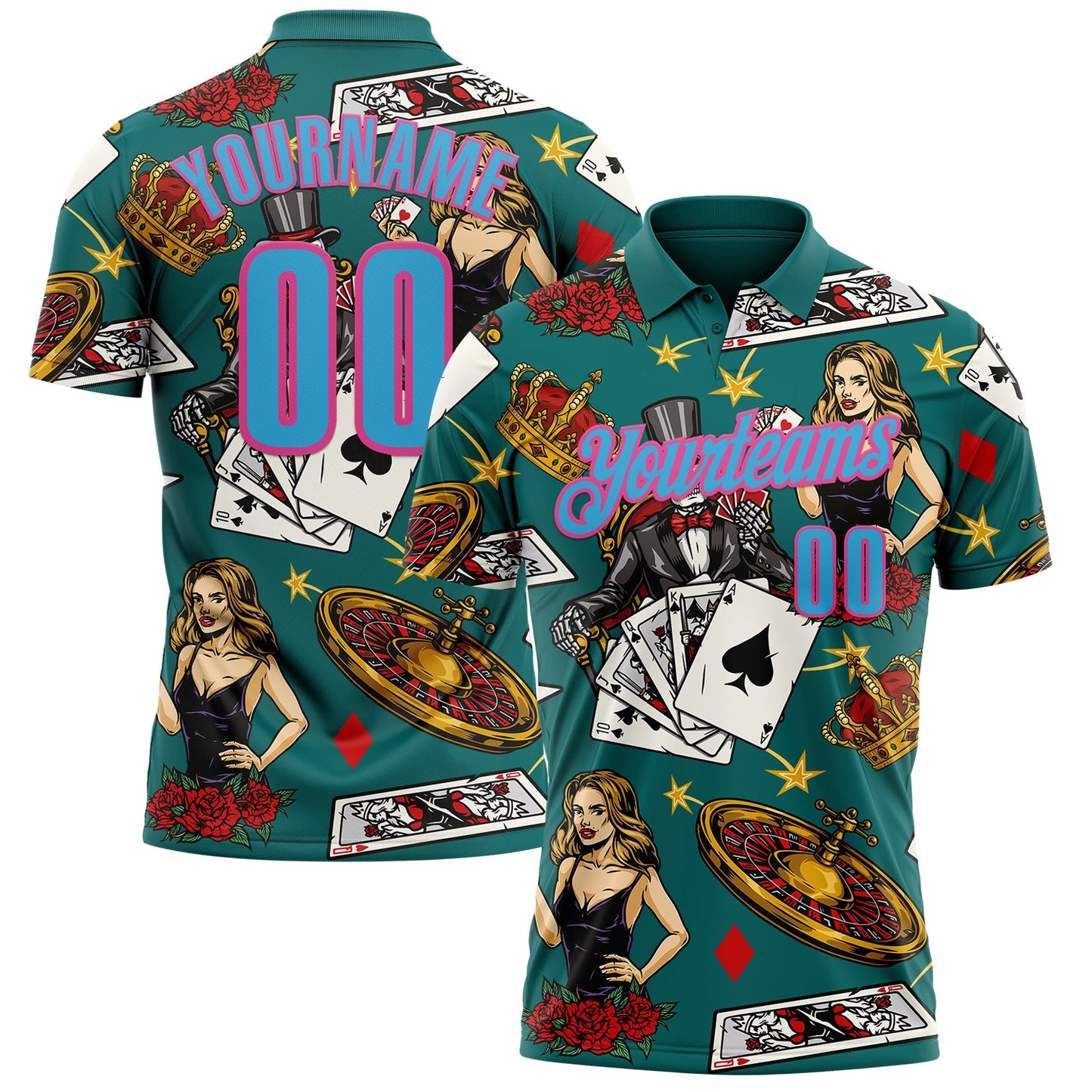 Custom Teal Sky Blue-Pink 3D Poker Performance Polo Shirt - Main View