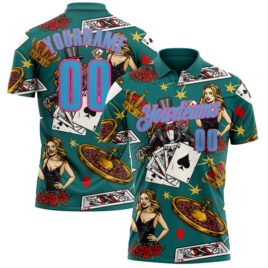 Custom Teal Sky Blue-Pink 3D Poker Performance Polo Shirt - Main View