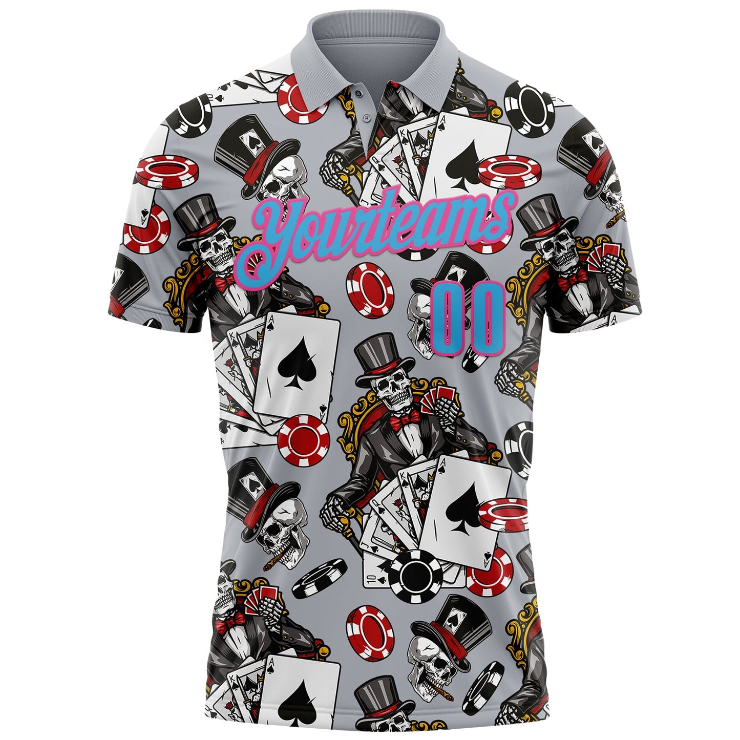 Custom Gray Sky Blue-Pink 3D Poker Performance Polo Shirt view 2