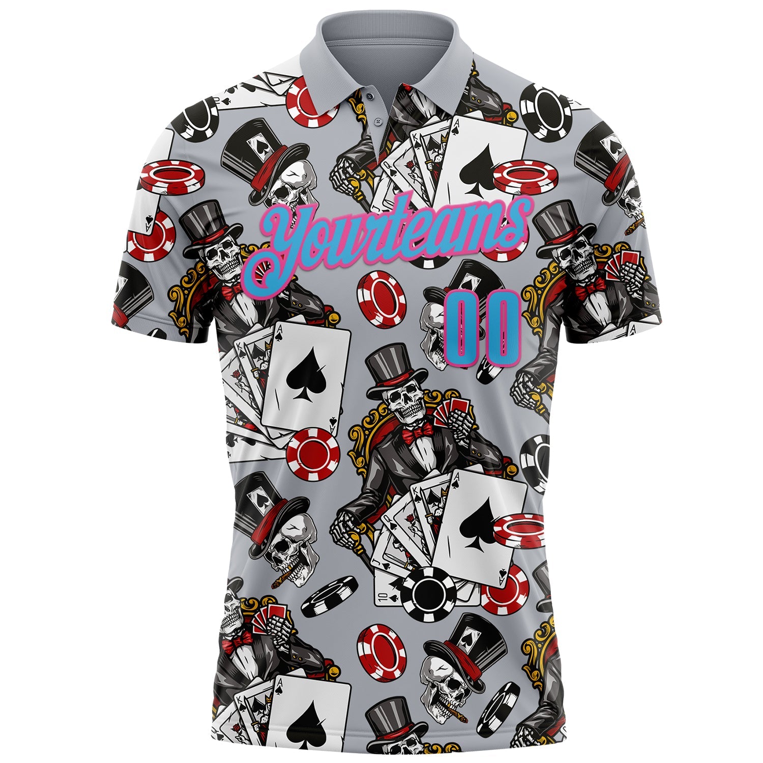 Custom Gray Sky Blue-Pink 3D Poker Performance Polo Shirt view 2