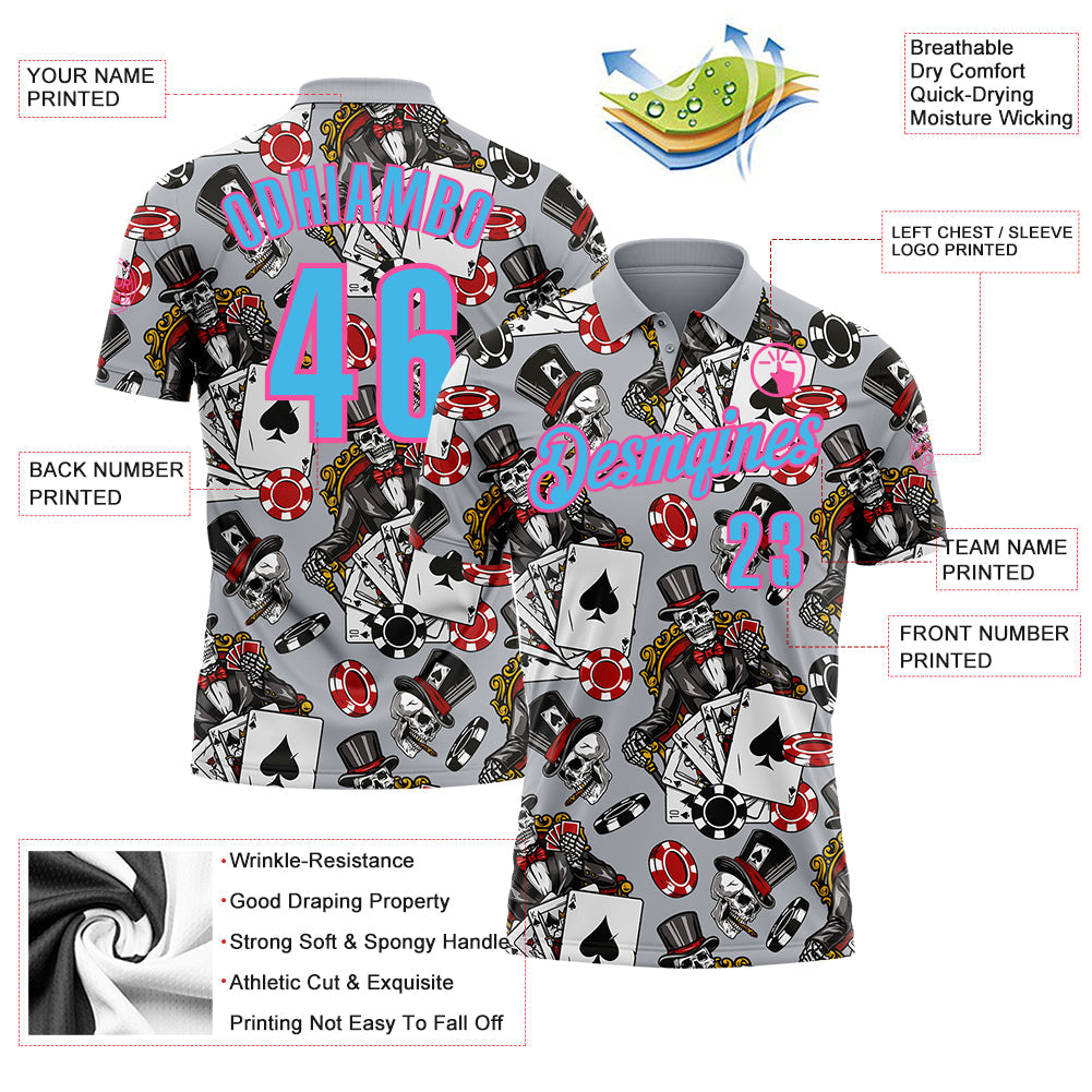 Custom Gray Sky Blue-Pink 3D Poker Performance Polo Shirt view 3