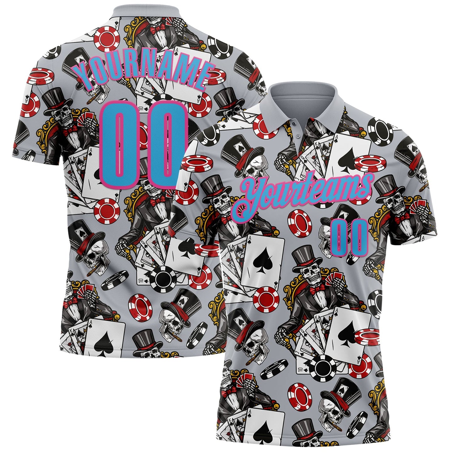 Custom Gray Sky Blue-Pink 3D Poker Performance Polo Shirt - Main View