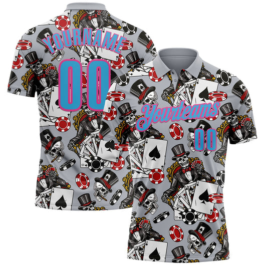Custom Gray Sky Blue-Pink 3D Poker Performance Polo Shirt - Main View