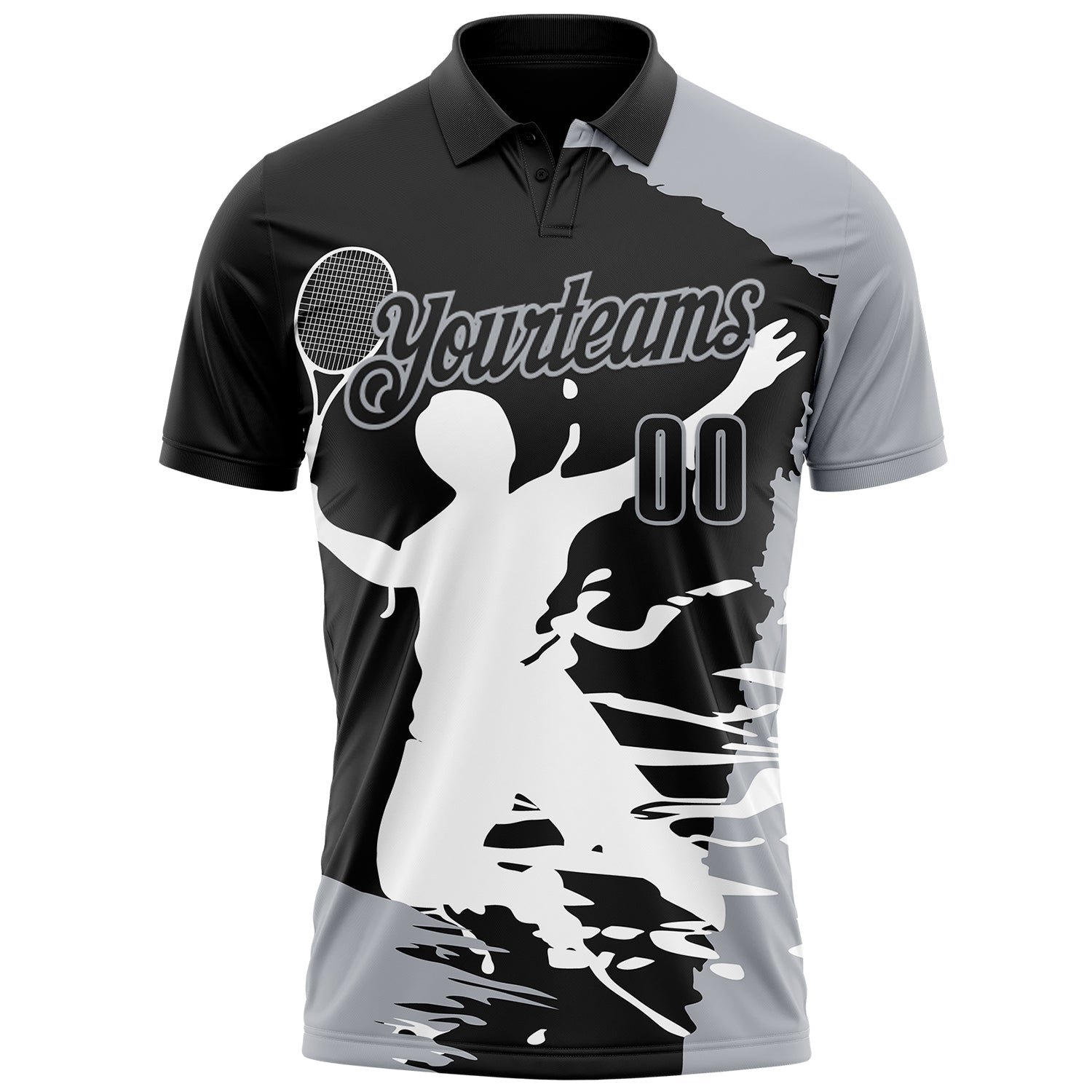 Custom Black Gray-White 3D Tennis Performance Polo Shirt view 2