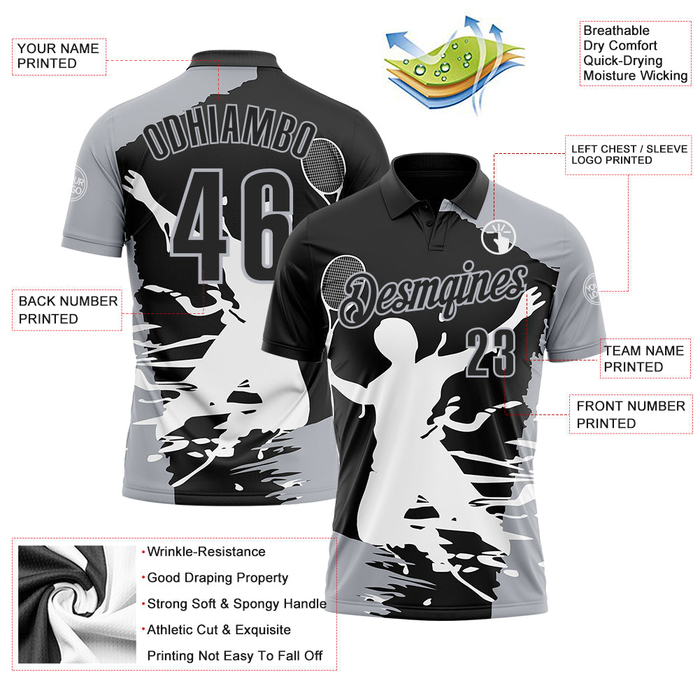 Custom Black Gray-White 3D Tennis Performance Polo Shirt view 3