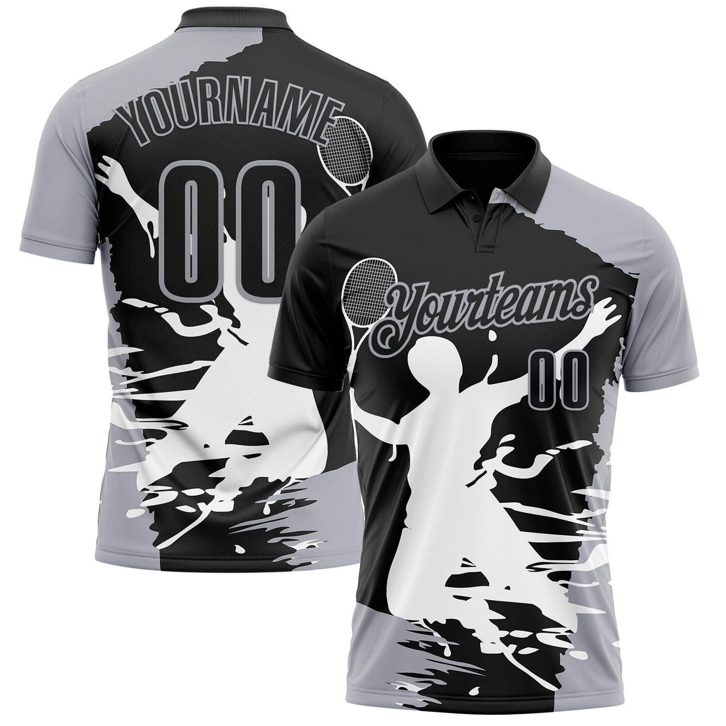 Custom Black Gray-White 3D Tennis Performance Polo Shirt - Main View