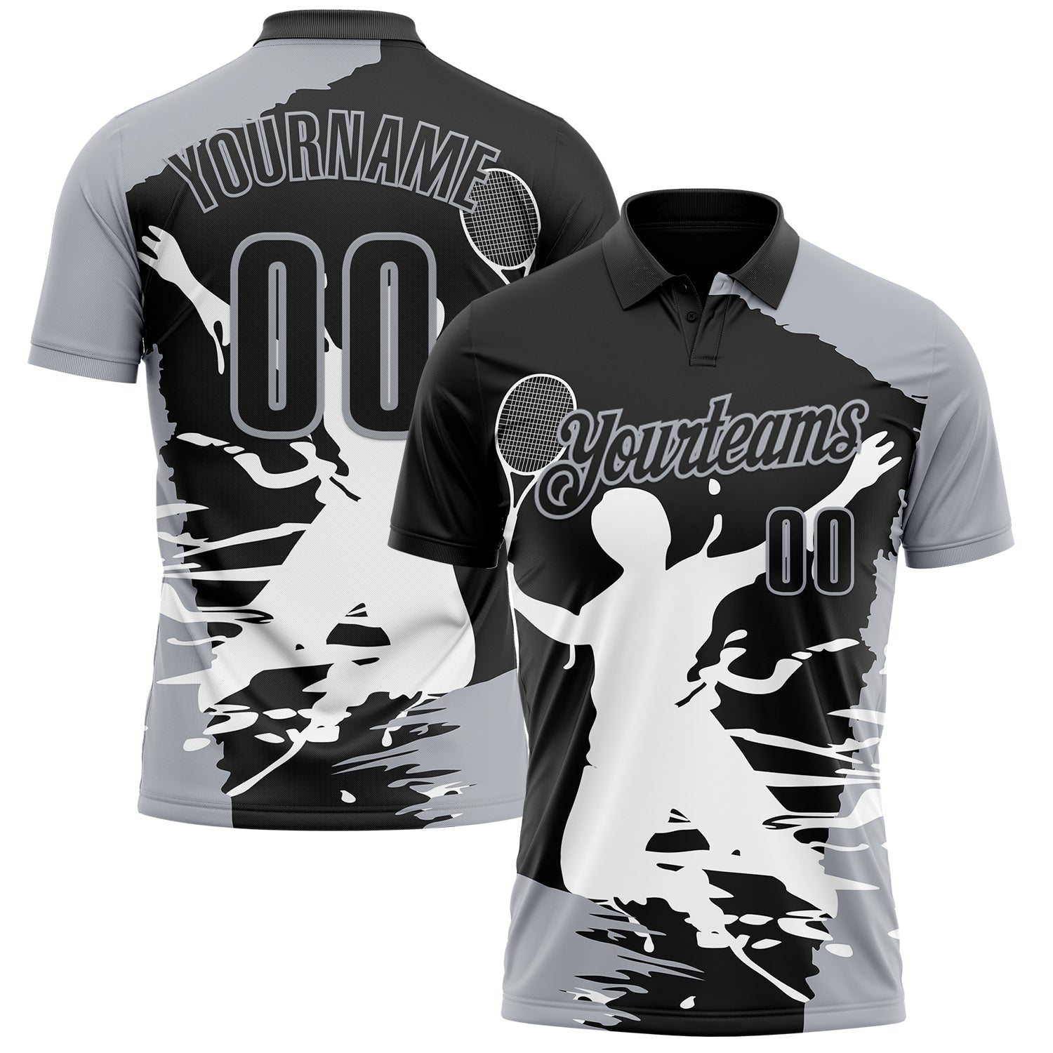 Custom Black Gray-White 3D Tennis Performance Polo Shirt - Main View