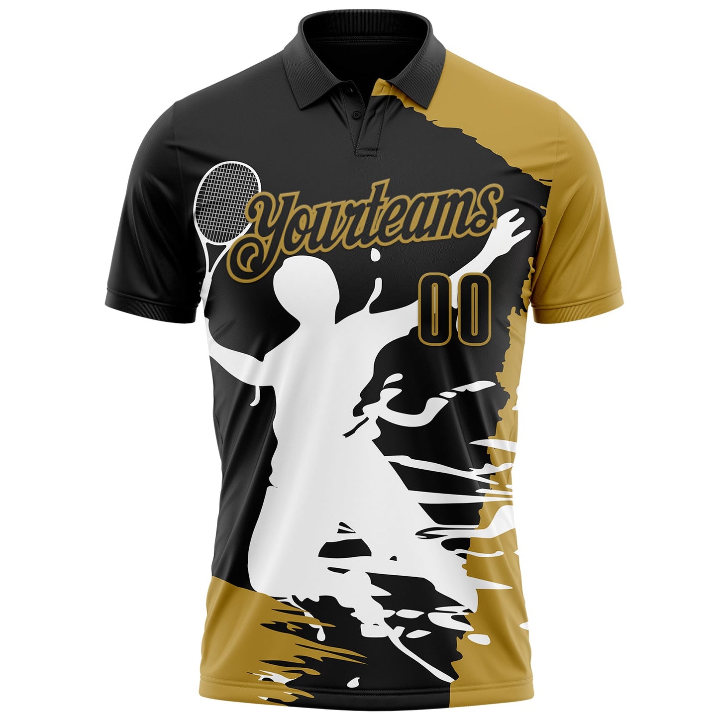 Custom Black Old Gold-White 3D Tennis Performance Polo Shirt view 2