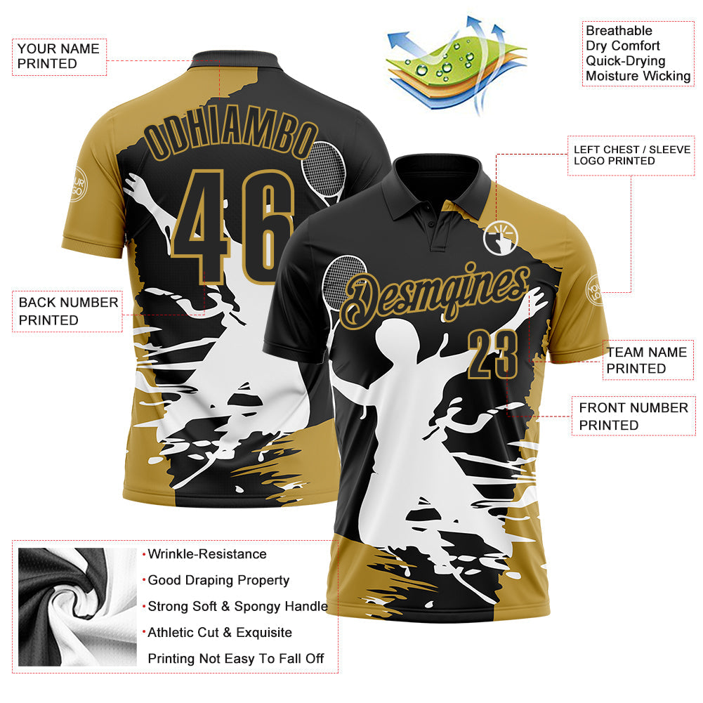 Custom Black Old Gold-White 3D Tennis Performance Polo Shirt view 3