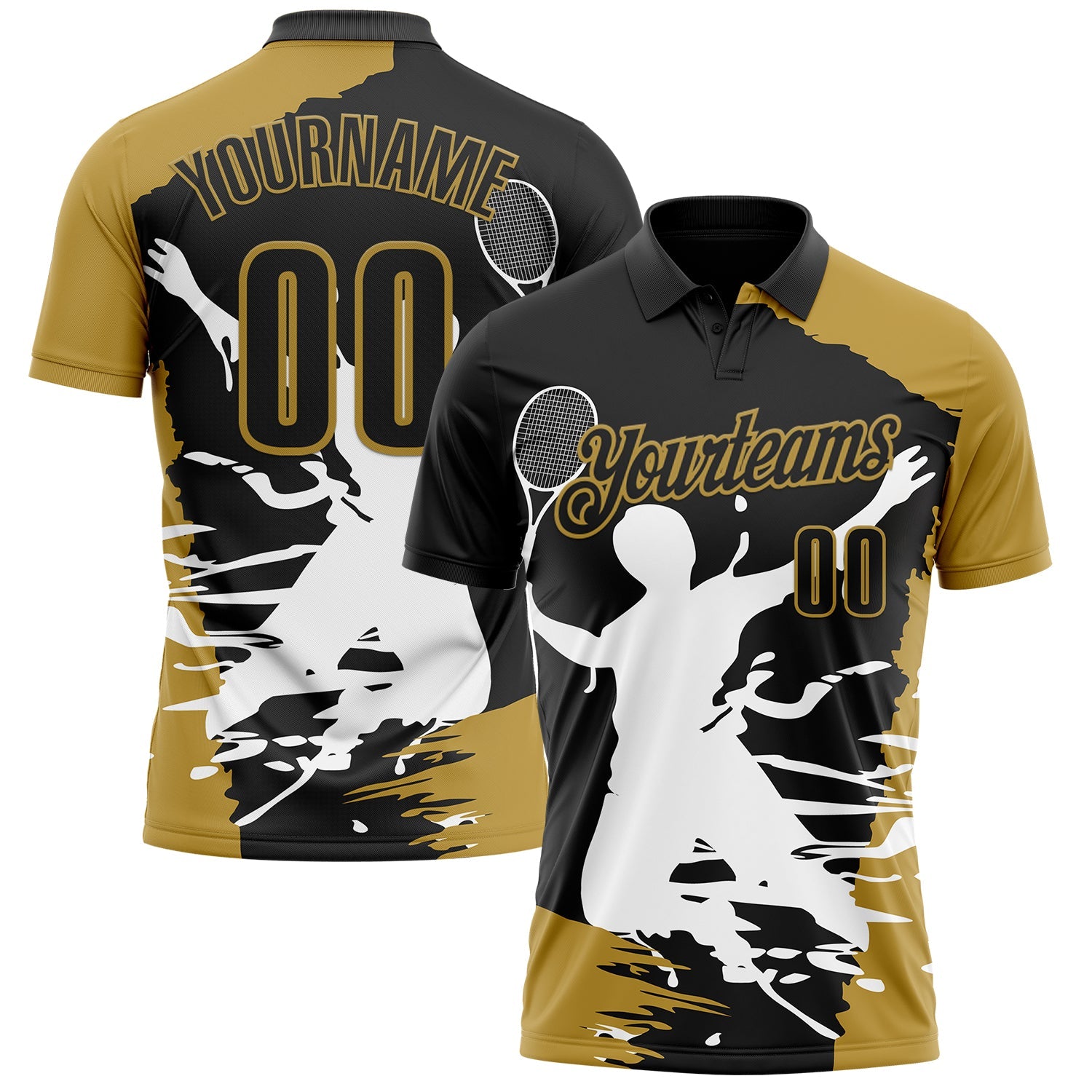 Custom Black Old Gold-White 3D Tennis Performance Polo Shirt - Main View