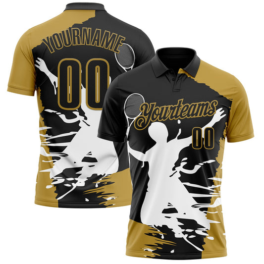 Custom Black Old Gold-White 3D Tennis Performance Polo Shirt - Main View