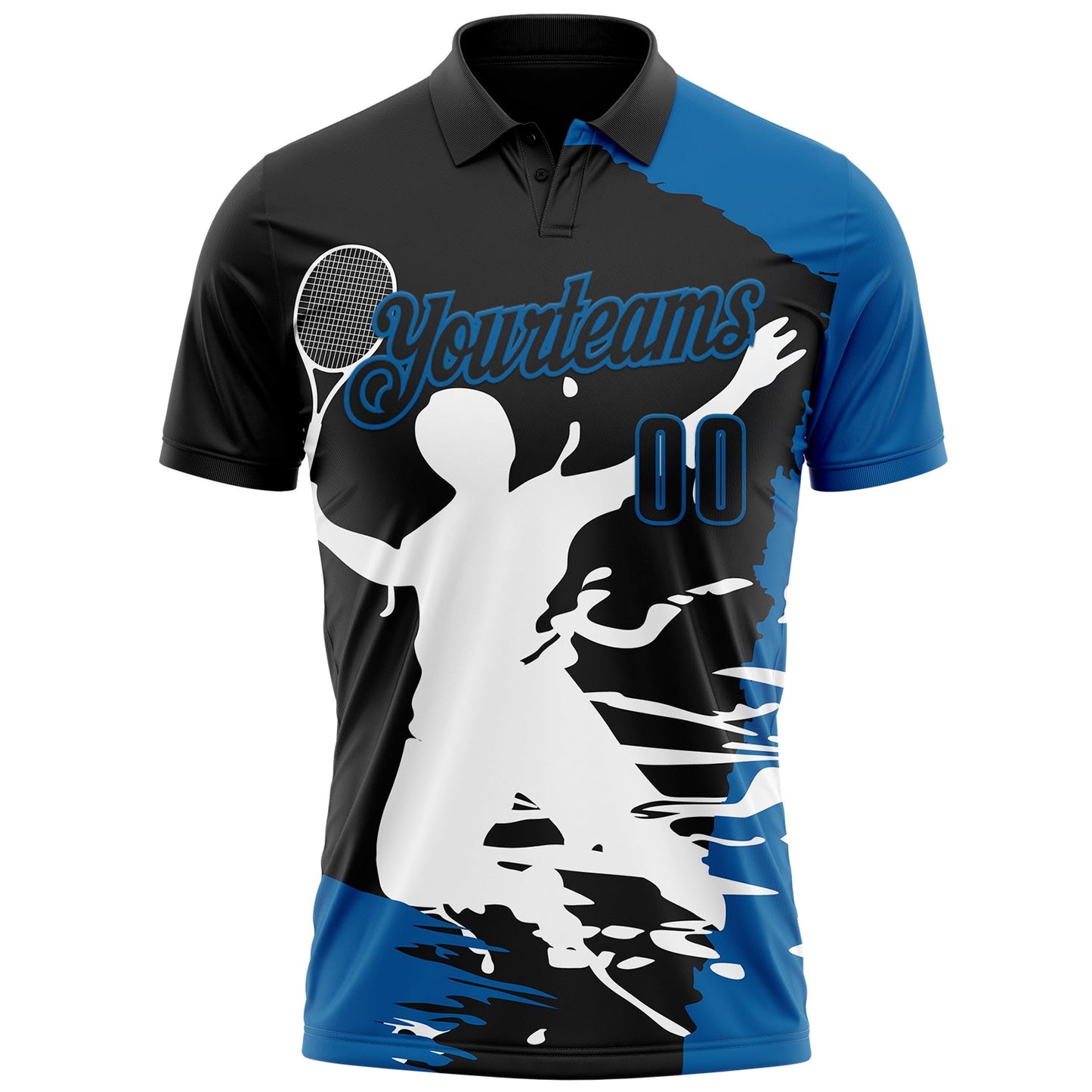 Custom Black Blue-White 3D Tennis Performance Polo Shirt view 2