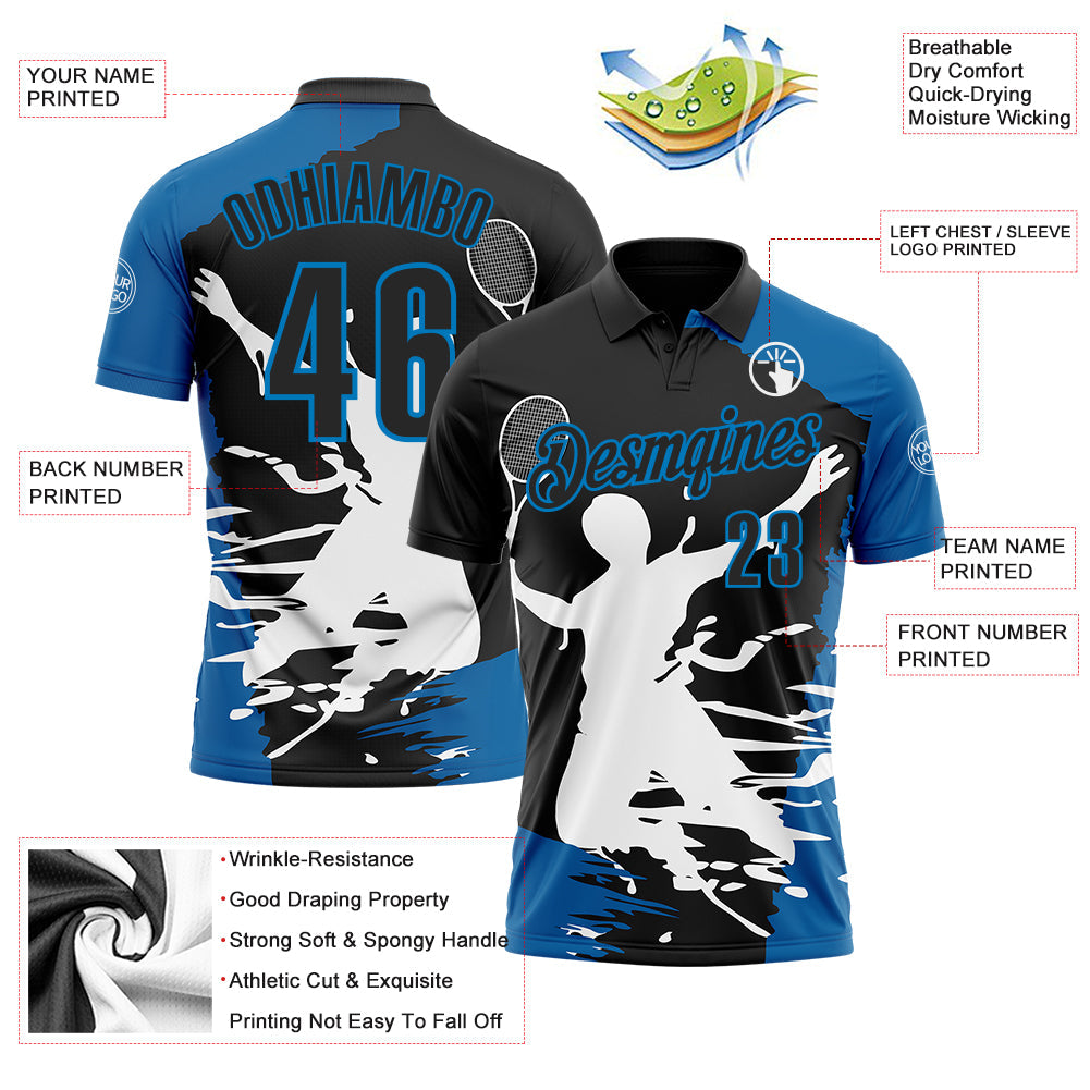 Custom Black Blue-White 3D Tennis Performance Polo Shirt view 3