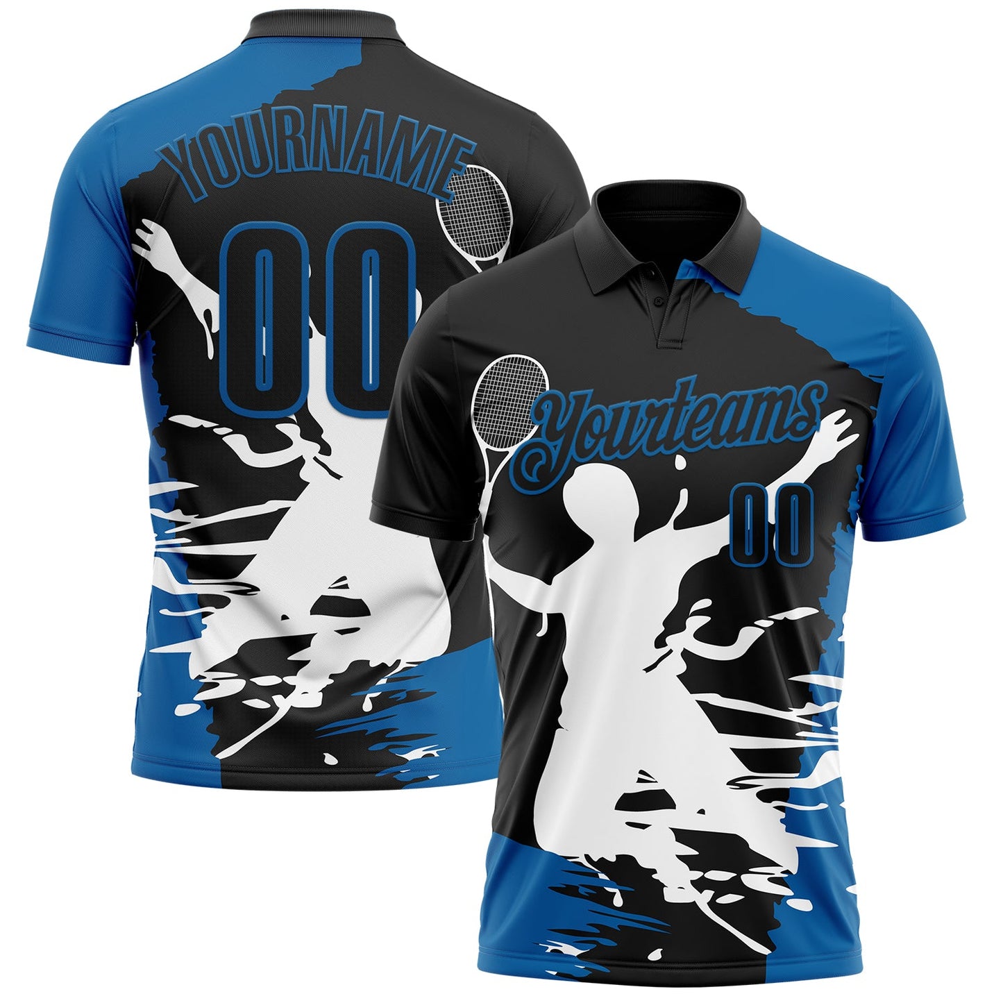 Custom Black Blue-White 3D Tennis Performance Polo Shirt - Main View