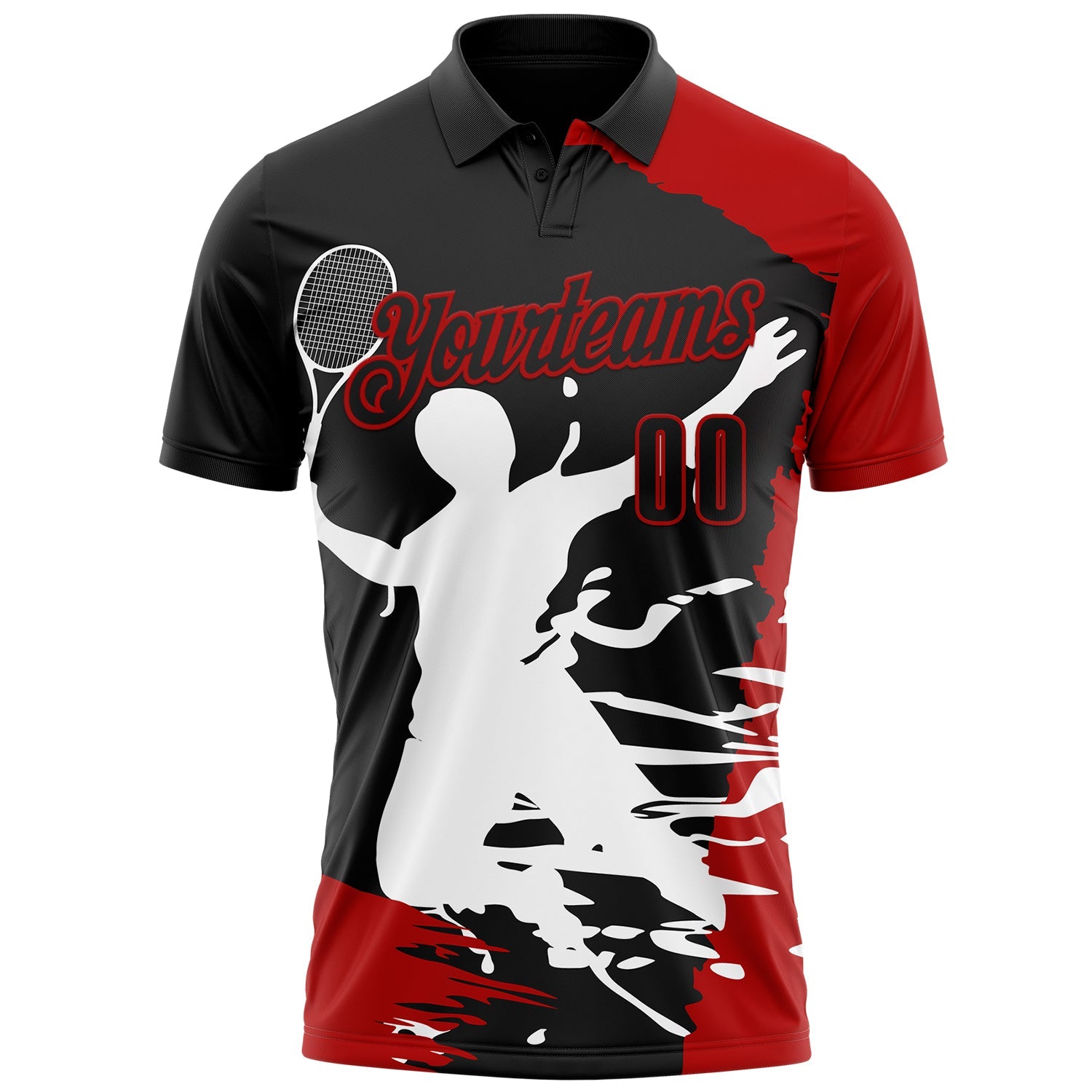 Custom Black Red-White 3D Tennis Performance Polo Shirt view 2