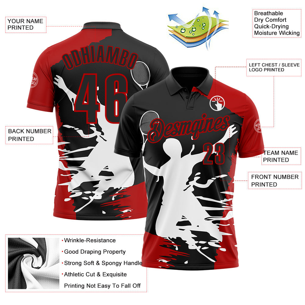 Custom Black Red-White 3D Tennis Performance Polo Shirt view 3