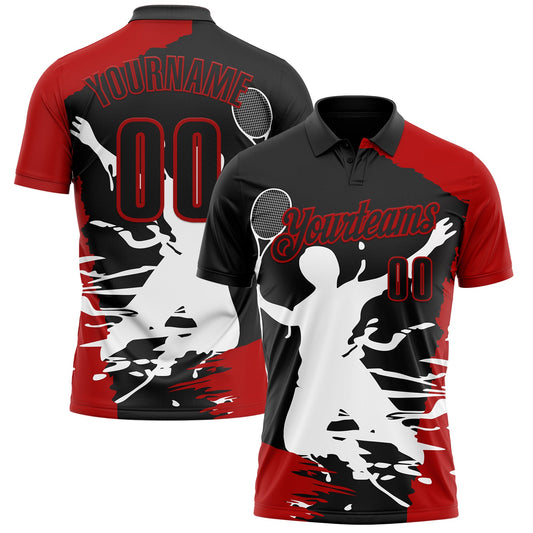 Custom Black Red-White 3D Tennis Performance Polo Shirt - Main View