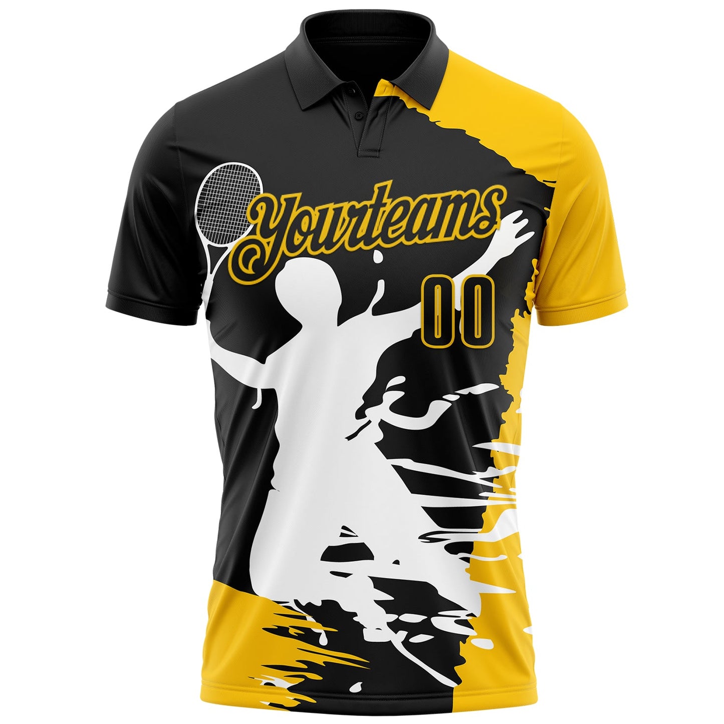 Custom Black Yellow-White 3D Tennis Performance Polo Shirt view 2