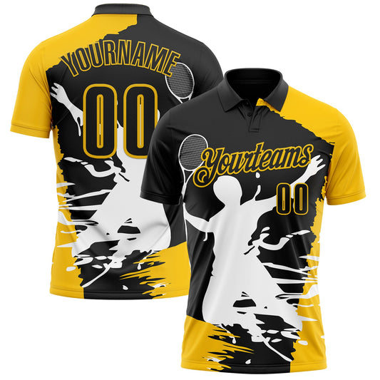 Custom Black Yellow-White 3D Tennis Performance Polo Shirt - Main View