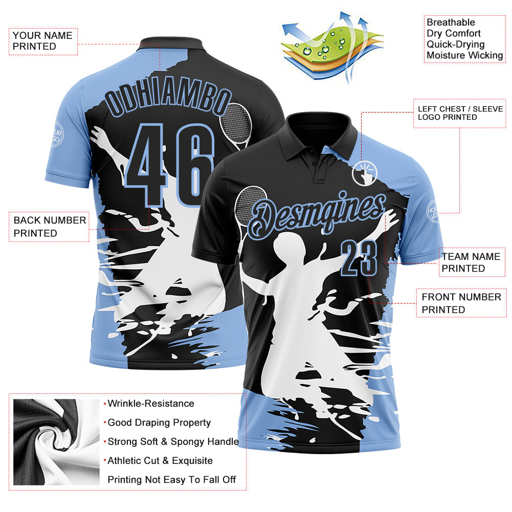 Custom Black Light Blue-White 3D Tennis Performance Polo Shirt view 3