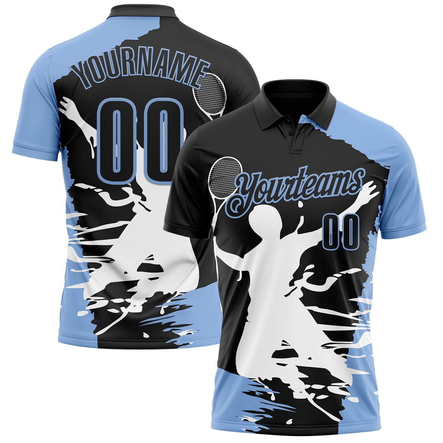 Custom Black Light Blue-White 3D Tennis Performance Polo Shirt - Main View