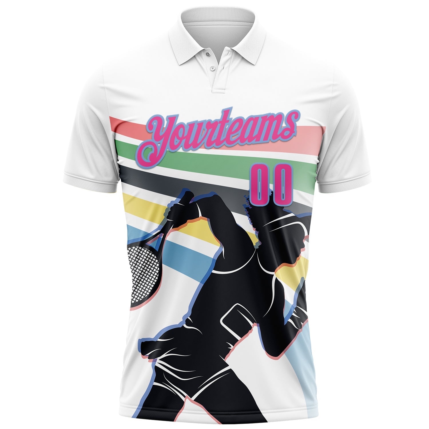 Custom White Pink-Light Blue 3D Tennis Performance Polo Shirt view 2