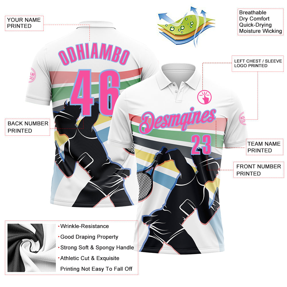 Custom White Pink-Light Blue 3D Tennis Performance Polo Shirt view 3
